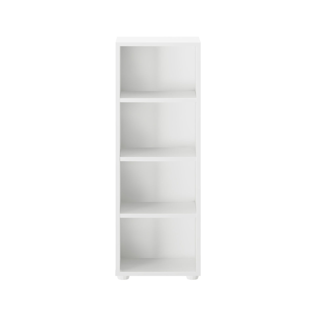 White four-shelf bookcase for home or office storage solutions.