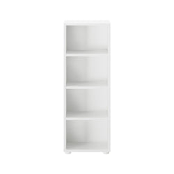 White four-shelf bookcase for home or office storage solutions.