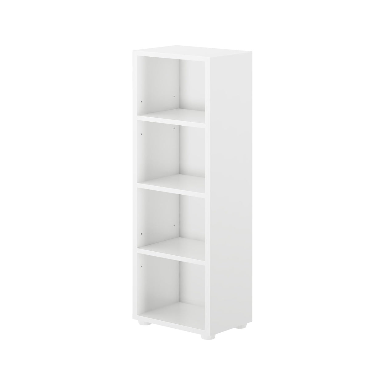 White bookshelf with four open shelves for home or office storage.