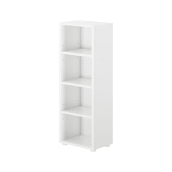 White bookshelf with four open shelves for home or office storage.