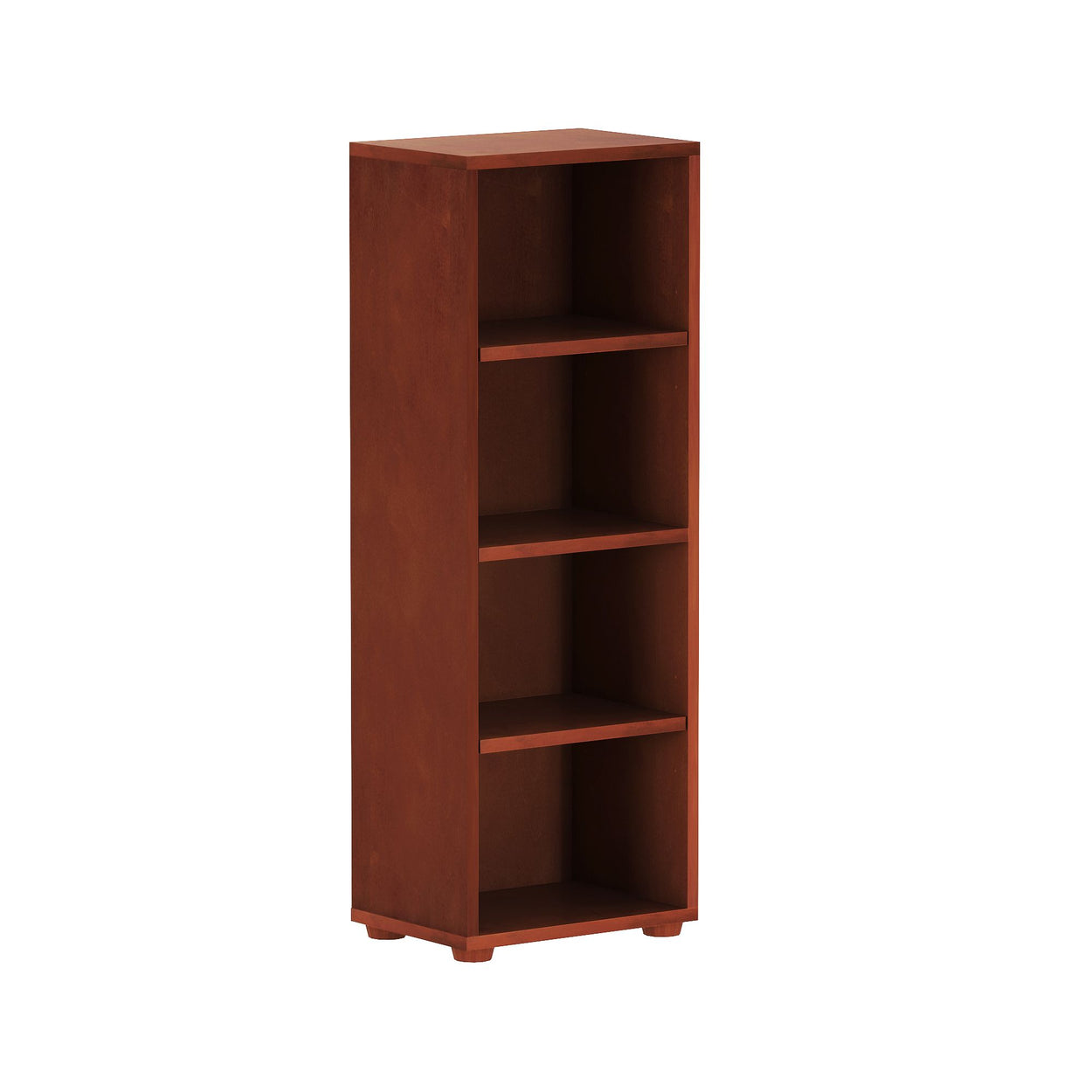 Four-shelf wooden bookcase with a dark brown finish.