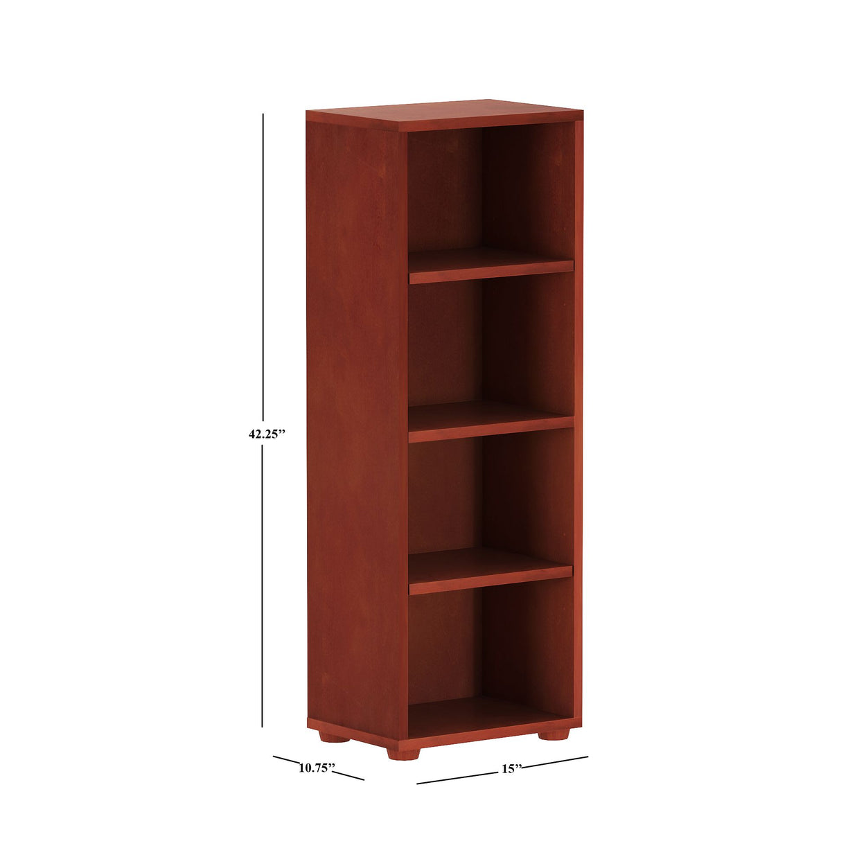 Tall brown wooden bookshelf with four shelves, dimensions 42.25 inches in height, 15 inches in width, and 10.75 inches in depth, ideal for home or office storage.