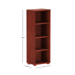 Tall brown wooden bookshelf with four shelves, dimensions 42.25 inches in height, 15 inches in width, and 10.75 inches in depth, ideal for home or office storage.