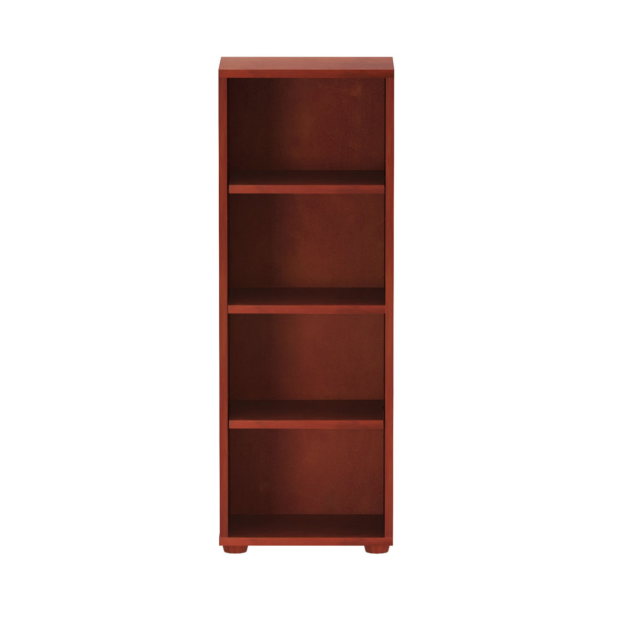Wooden four-shelf bookcase in rich brown finish for home office storage.