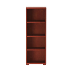 Wooden four-shelf bookcase in rich brown finish for home office storage.