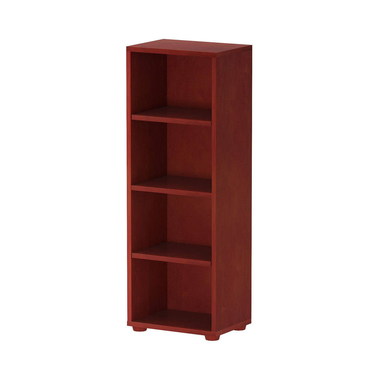Tall wooden bookshelf with four shelves in a rich mahogany finish for home or office storage.