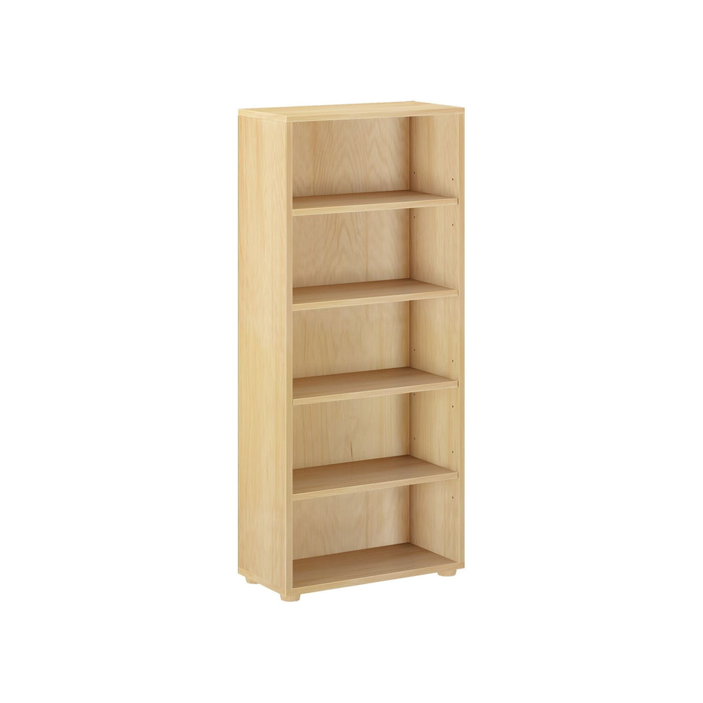 Wooden bookshelf with five adjustable shelves, ideal for home or office storage and organization.