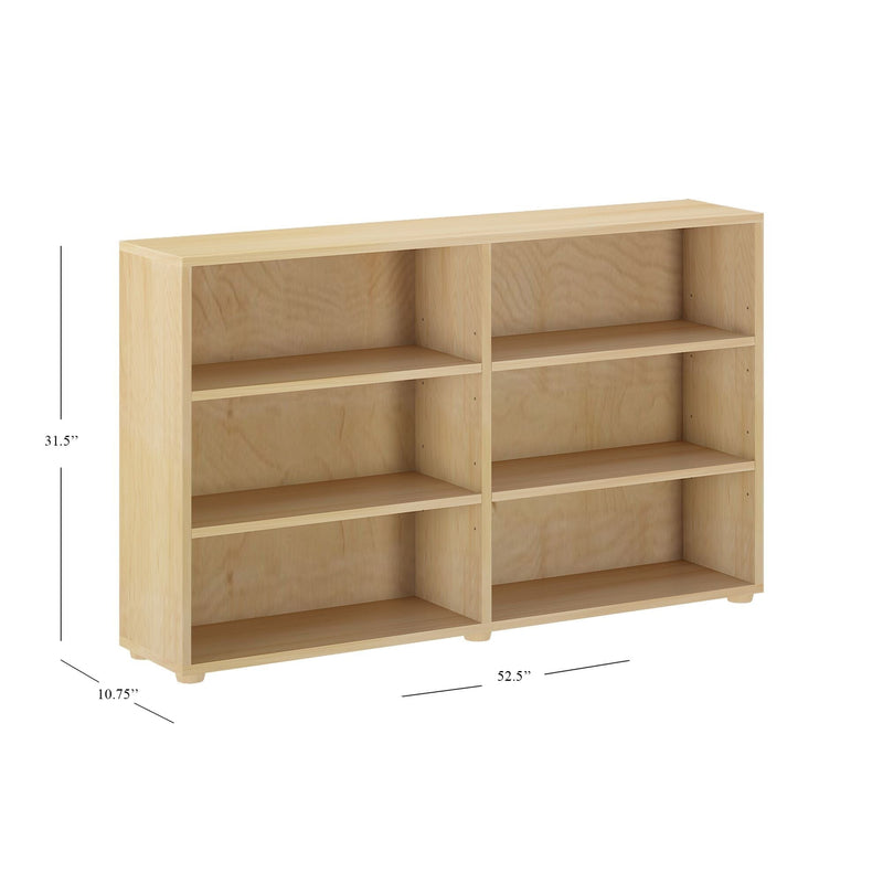 Natural wood six-shelf bookcase dimensions 52.5" x 10.75" x 31.5".