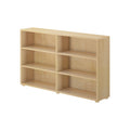 Wooden bookshelf with six open compartments for home or office storage solutions.