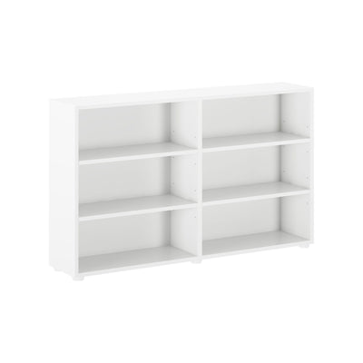 White six-cube storage bookshelf with adjustable shelves for home or office organization.
