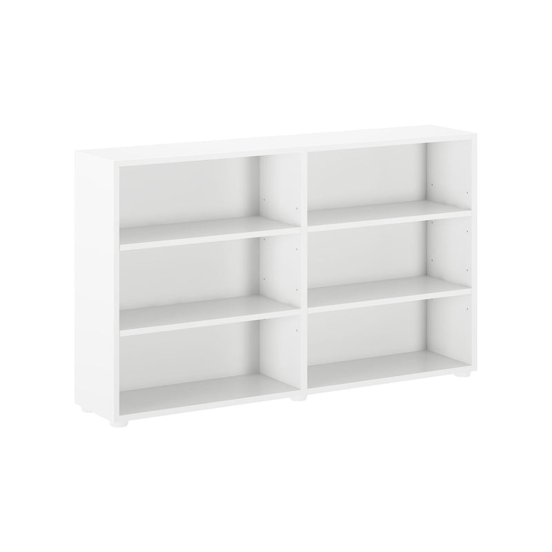 White six-cube storage bookshelf with adjustable shelves for home or office organization.