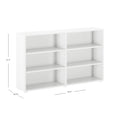 White adjustable bookshelf with six compartments, dimensions 31.5 inches high, 52.5 inches wide, 10.75 inches deep.