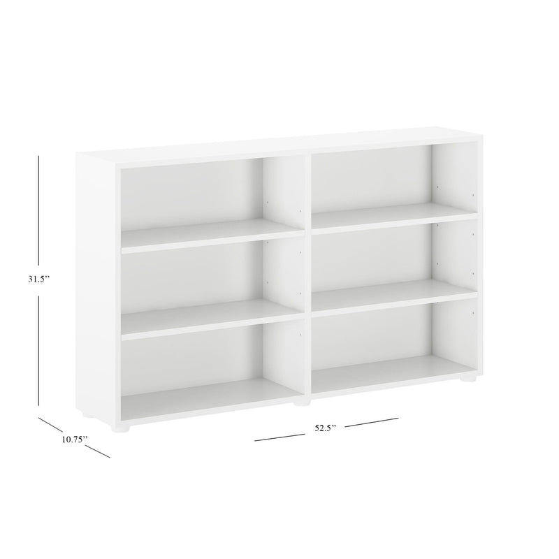 White adjustable bookshelf with six compartments, dimensions 31.5 inches high, 52.5 inches wide, 10.75 inches deep.