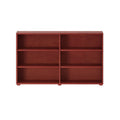 Wooden bookcase with six shelves in a rich mahogany finish.