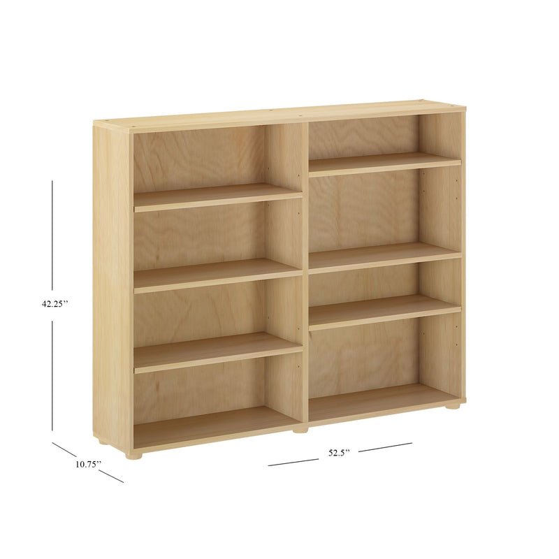 Wooden double bookcase with six adjustable shelves, dimensions 42.25” height, 52.5” width, 10.75” depth, ideal for home and office storage.