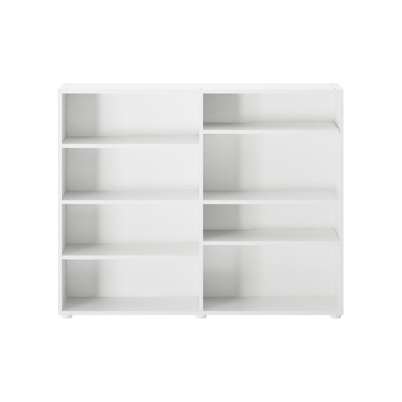 White modular wooden bookshelf with multiple shelves for home and office organization.