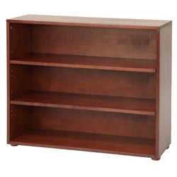 Wooden bookshelf with three shelves for home or office storage.