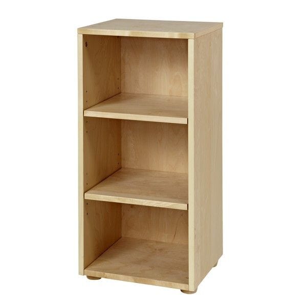 Wooden bookshelf with three shelves for home or office storage solutions.