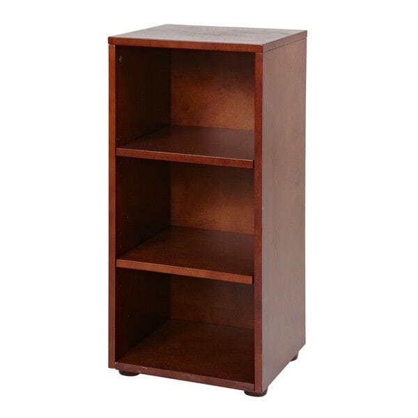 Narrow three-shelf wooden bookcase in cherry finish — vertical bookshelf storage unit for books, office supplies, and home decor
