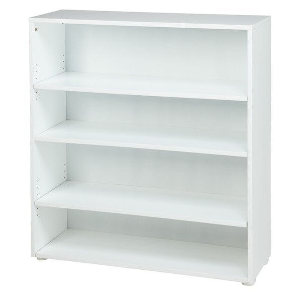 White wooden four-shelf bookcase for home or office storage.