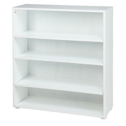 White wooden four-shelf bookcase for home or office storage.