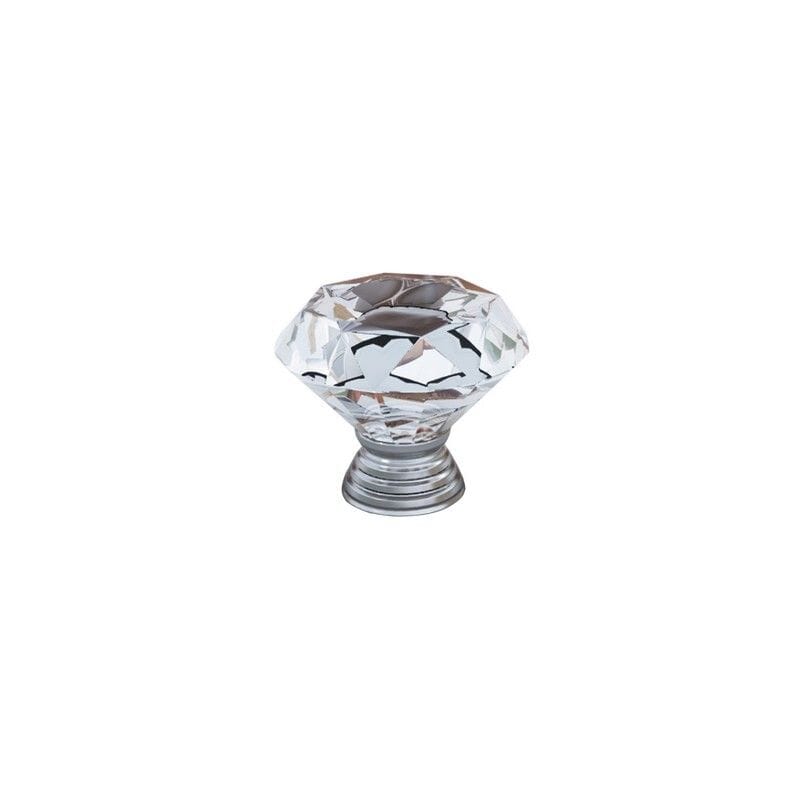 Diamond-shaped clear glass cabinet knob with a chrome base, perfect for modern furniture decor.