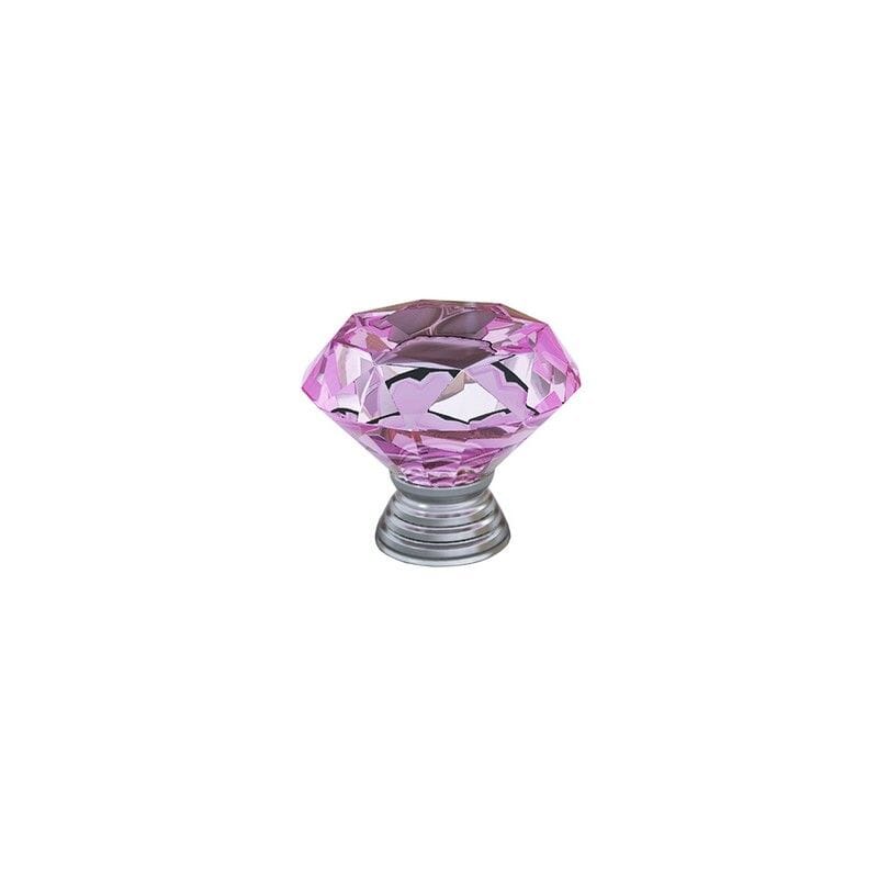 Pink crystal diamond-shaped cabinet knob on white background.