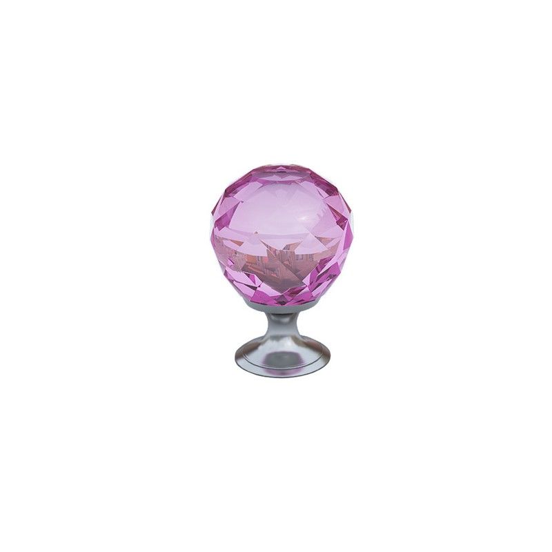 Pink crystal glass cabinet knob with silver base for home decor and furniture enhancement.
