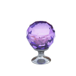 Purple diamond-shaped crystal doorknob with a silver base on a white background.