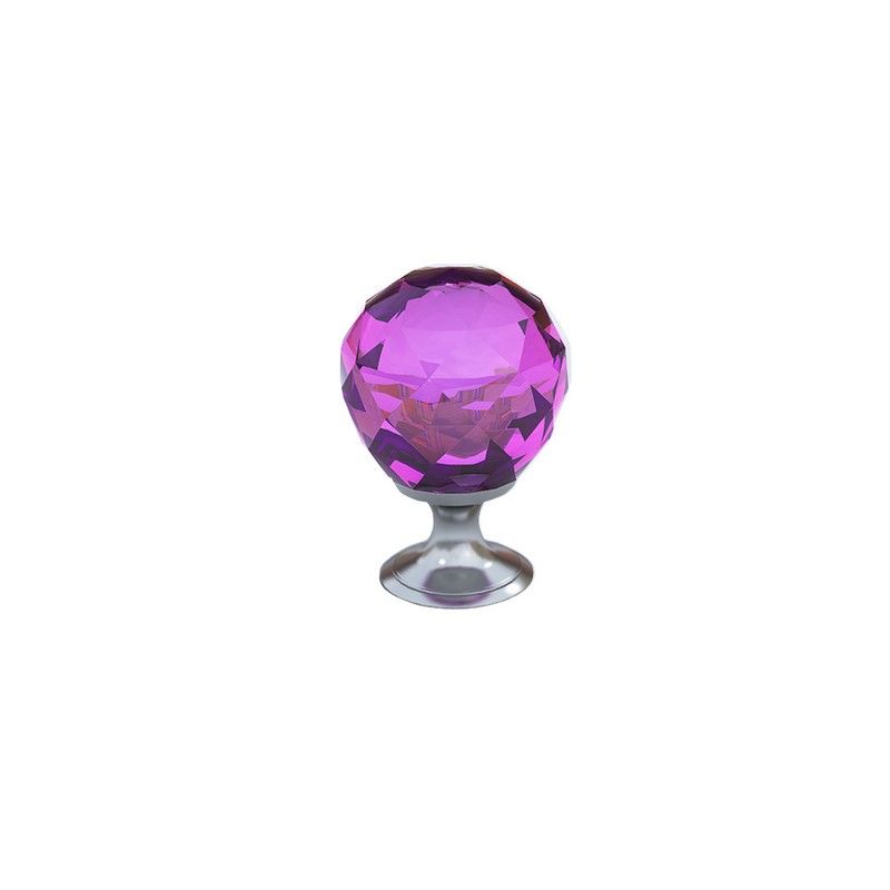 Purple crystal drawer knob with silver base on white background.