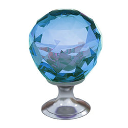 Blue faceted crystal glass cabinet knob on silver metal base, decorative drawer pull for furniture hardware and modern home decor.