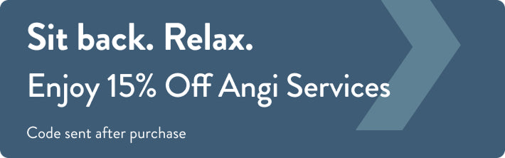 Promotional banner for Angi services with a discount offer on a blue background.