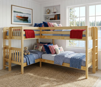 White twin-over-twin loft bed with ladder and storage staircase in a bright, cozy kids' bedroom — space-saving bunk bed with modern farmhouse decor.