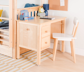 White twin-over-twin loft bed with ladder and storage staircase in a bright, cozy kids' bedroom — space-saving bunk bed with modern farmhouse decor.