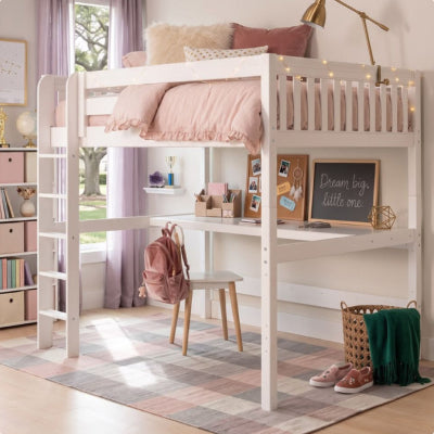 White twin bunk bed in modern kids' bedroom with gray bedding, pink floral throw, patterned pillows, white nightstand and gold lamp on geometric rug