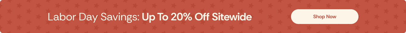 A promotional banner with a textured red background and white text reading 'Labor Day Savings: Up To 20% Off Sitewide' with a white 'Shop Now' button on the right.
