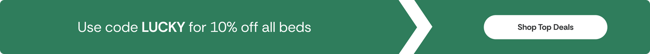 Promotional banner reading "Use code LUCKY for 10% off all beds" with "Shop Top Deals" button — shop bed and mattress deals with promo code LUCKY.