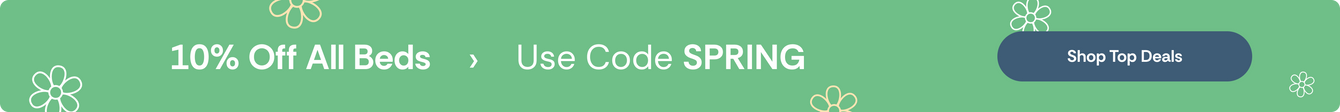 Green spring sale banner: 10% off all beds — use code SPRING; "Shop Top Deals" button.