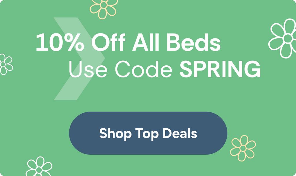 Spring sale banner: 10% off all beds — use code SPRING; green floral background with "Shop Top Deals" button