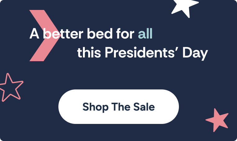 Presidents' Day mattress sale banner reading "A better bed for all this Presidents' Day" with a prominent "Shop The Sale" button on a navy background with star graphics