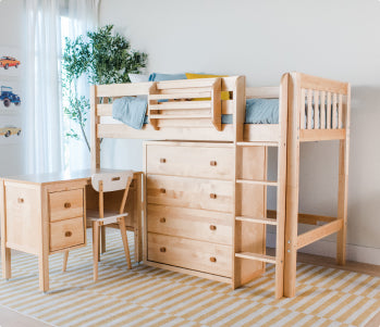 Kids solid wood loft bed with built-in storage drawers, ladder and study desk in natural wood finish — space-saving children's bedroom furniture
