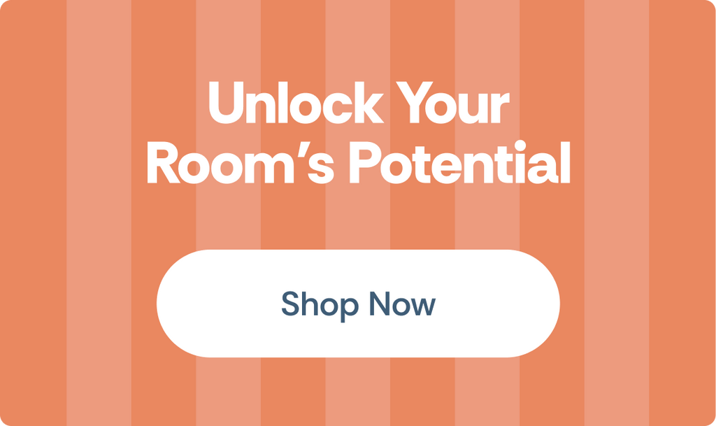 Orange striped banner reading "Unlock Your Room's Potential" with a white "Shop Now" button — home decor, furniture, interior design promotion