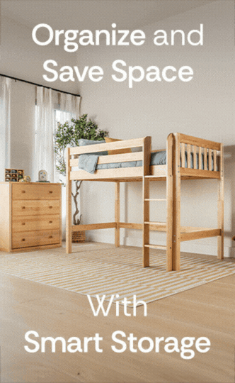 Wooden loft bed with integrated smart storage in a minimalist small bedroom — space-saving kids' bunk design with dresser and rug