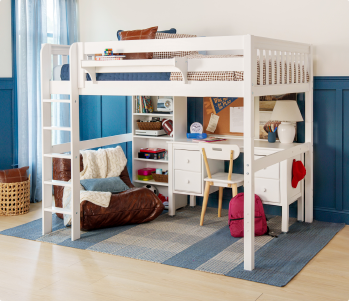 White twin bunk bed in modern kids' bedroom with gray bedding, pink floral throw, patterned pillows, white nightstand and gold lamp on geometric rug
