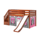 AERIE57 CS : Play Loft Beds Twin Low Loft Bed with Stairs, Curtain + Slide, Slat, Chestnut