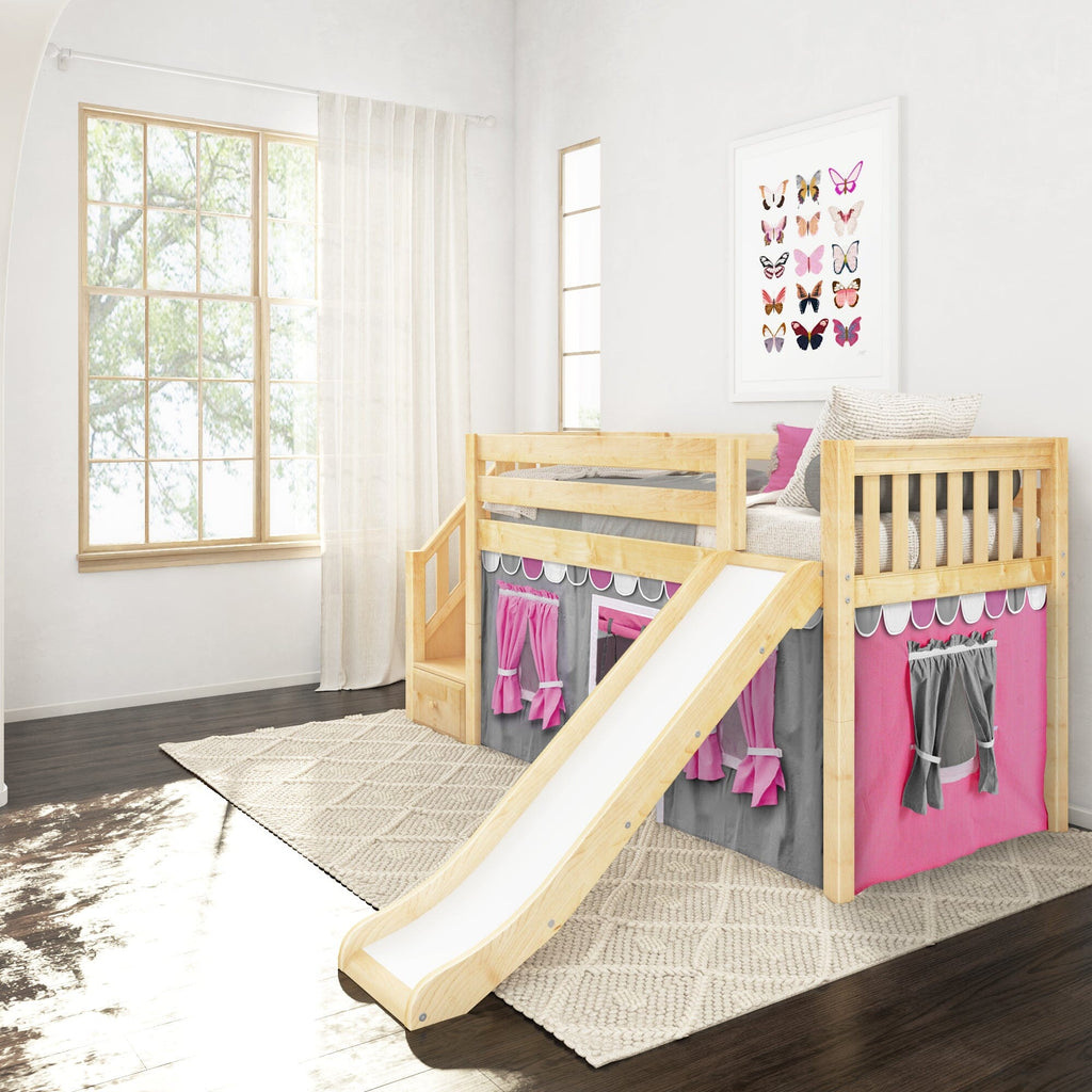 AERIE57 CP : Play Loft Beds Twin Low Loft Bed with Stairs, Curtain + Slide, Panel, Chestnut