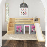 AERIE57 NS : Play Loft Beds Twin Low Loft Bed with Stairs, Curtain + Slide, Slat, Natural