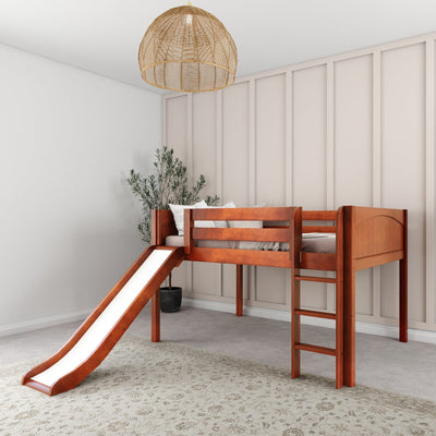 AMAZING CP : Play Loft Beds Full Low Loft Bed with Slide and Straight Ladder on Front, Panel, Chestnut