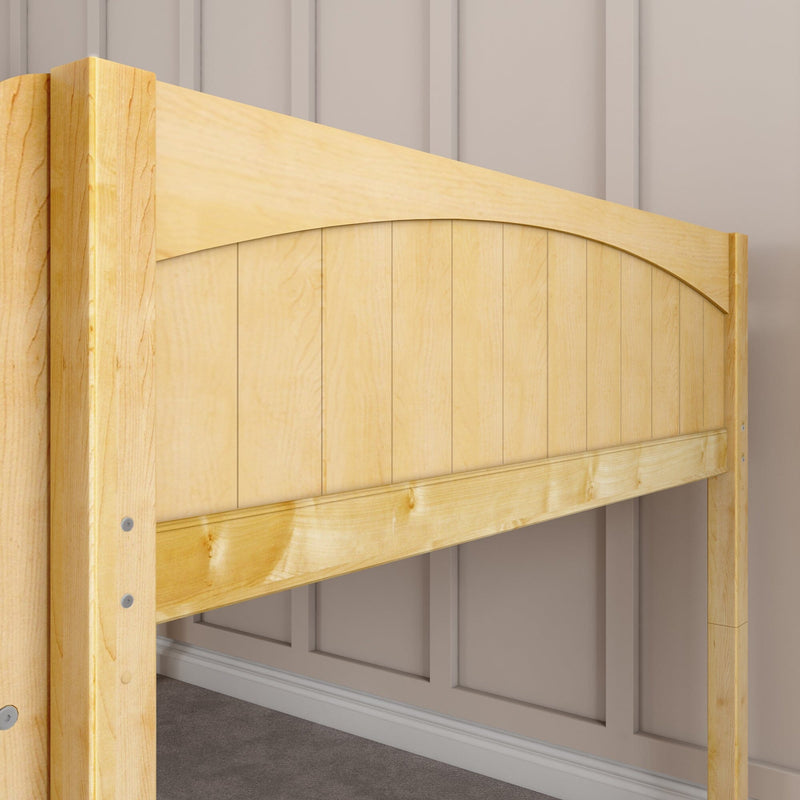 Close-up of light maple wood bed frame headboard with vertical slats and curved top against beige paneled wall in modern bedroom