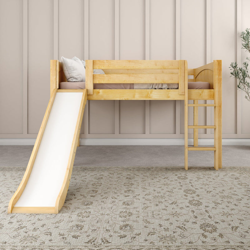 Natural wood kids loft bed with slide and ladder in a neutral modern nursery — solid pine bunk bed with railing, cozy bedding and minimalist decor